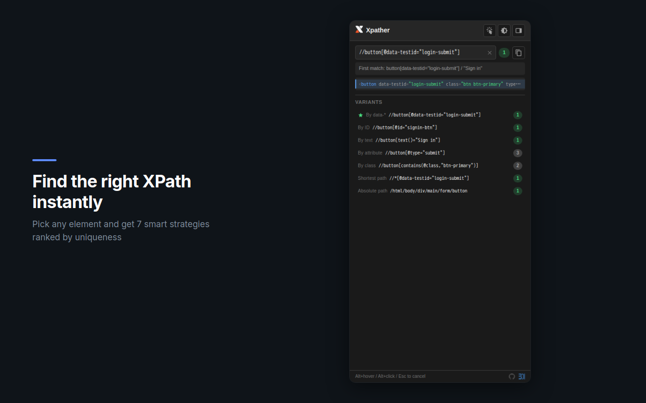 Smart element picker generates 7 XPath strategies ranked by uniqueness