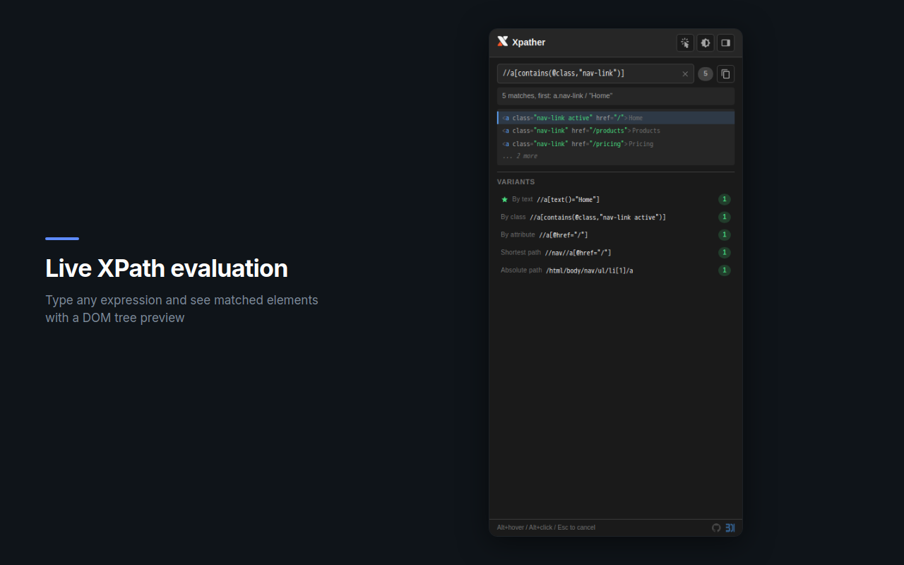 Live XPath evaluation with DOM tree preview and match count