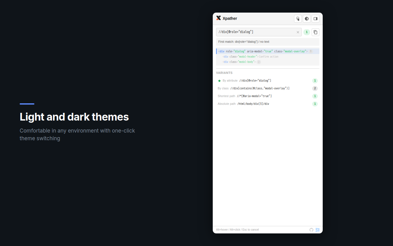 Xpather in light theme showing dialog element variants
